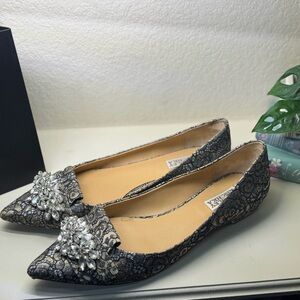 Badgley Mischka Black Lace Flats with Crystal Embellishments
